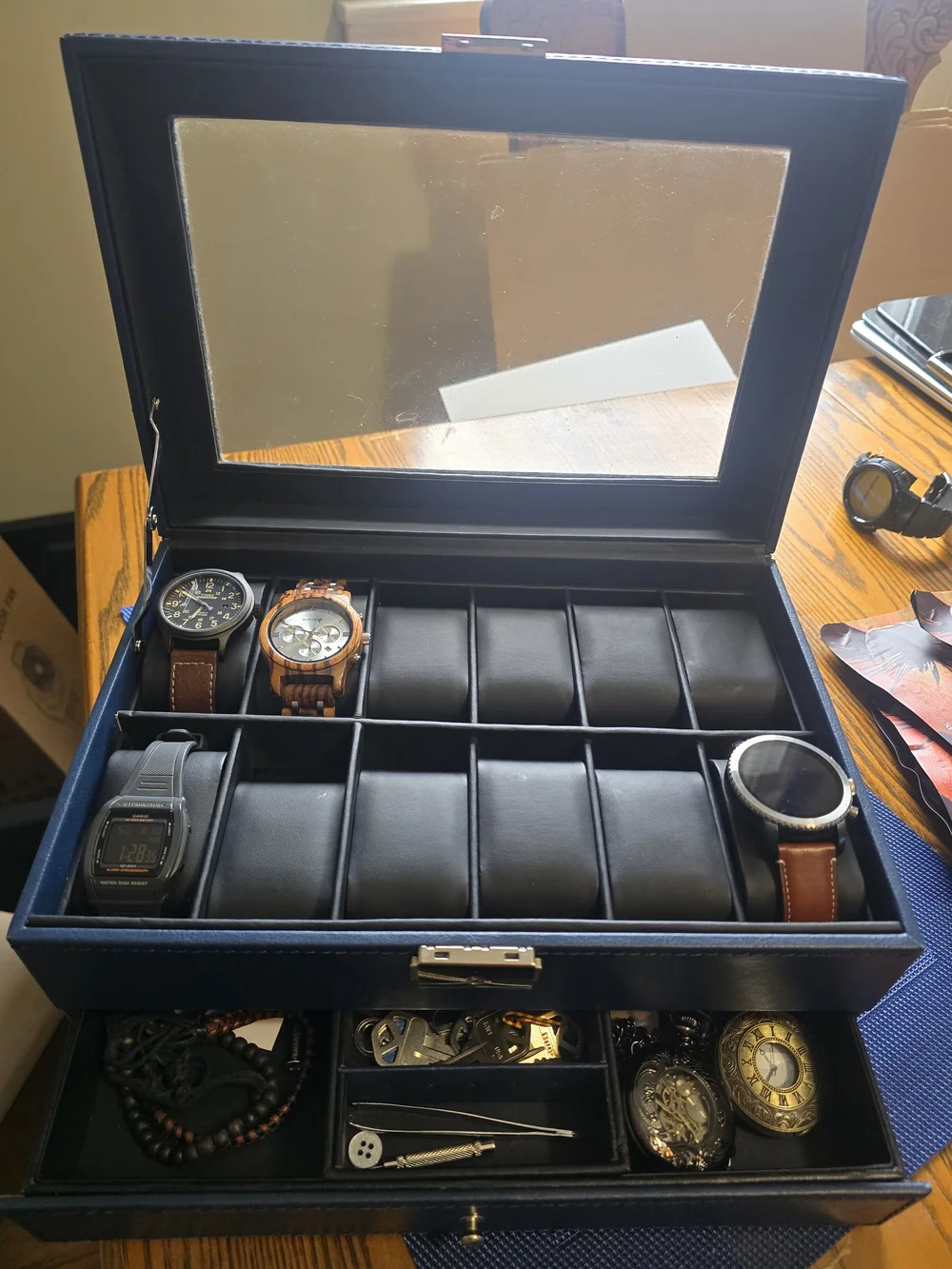 Men's Black Leather Watch and Accessory Organizer